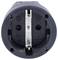 A black European electrical outlet in close-up, showing the circular openings for plugs and the metal contacts.