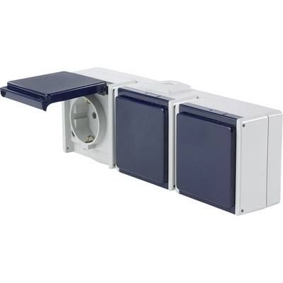 'Three-way socket with two covers and one open socket, suitable for outdoor use.'