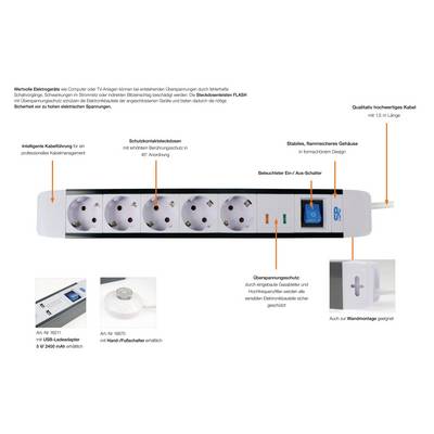 'Power Strip FLASH: 5 Sockets, Surge Protection, On/Off Switch, Wall Mounting Option. High-quality, Flame-Retardant Housing.'