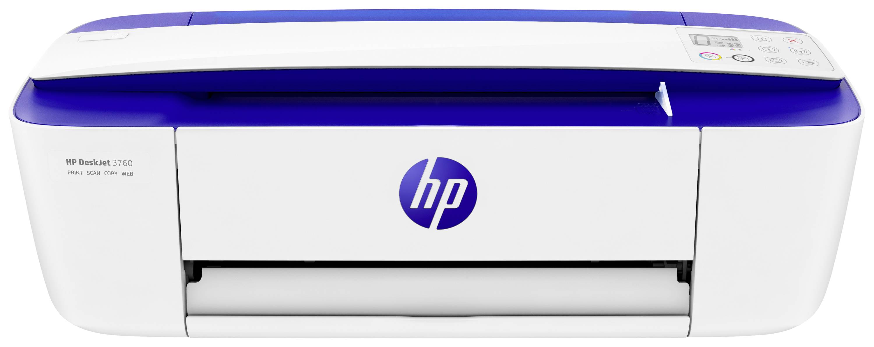 A compact, white and blue HP printer with multiple buttons on the top surface. Perfect for home use.