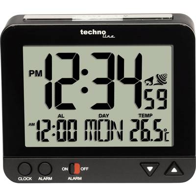 Digital watch with a black casing shows "PM 12:34" and "26.5°C". Below it reads "12:00 MON" with alarm function. Temperature display on the left.