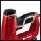 A red staple gun with an ergonomic handle, the brand name 'Einhell' printed on the side. Ideal for fixing materials.