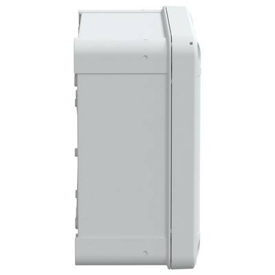 A white rectangular box with a smooth surface and rounded edges, viewed from the side, possibly an electronic device or enclosure.