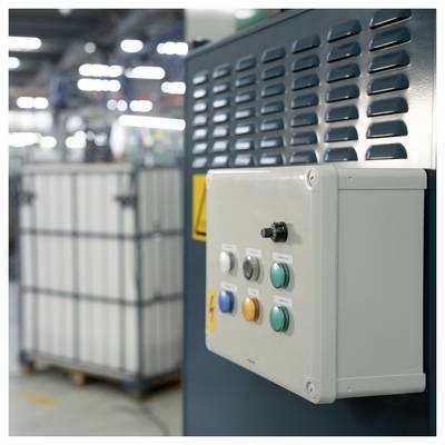 Industrial control box with buttons mounted on a machine in a factory setting, with a blurred storage container in the background.