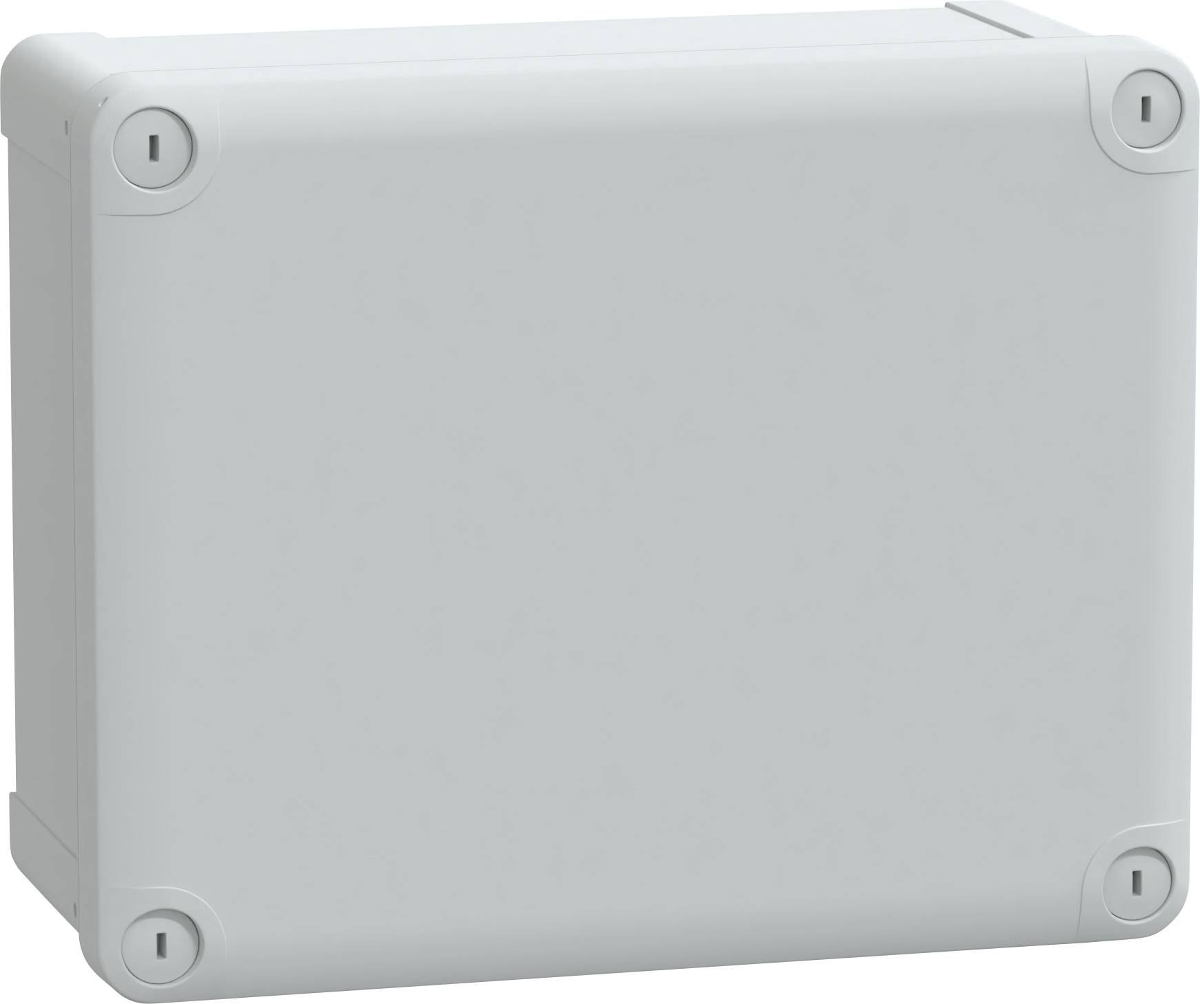 A small, plain, gray electrical junction box with rounded corners and visible screw holes on each corner.