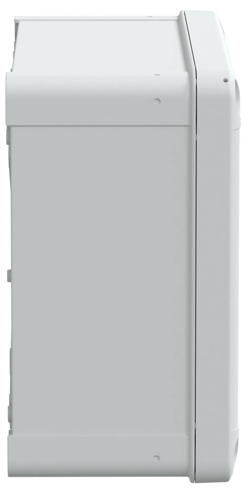 Side view of a closed gray plastic enclosure with hinges, likely used for housing electronic components. No visible markings or labels.