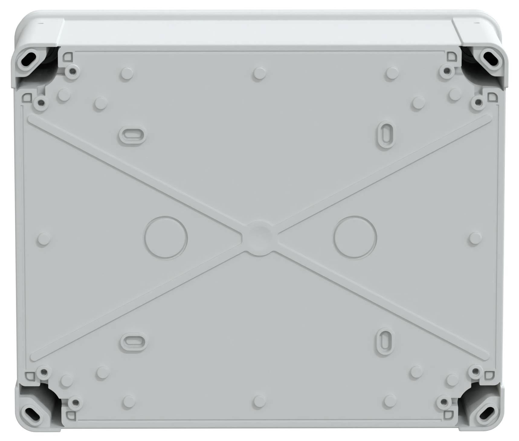 A rectangular, light gray, closed industrial box with multiple screw holes and a cross pattern design on the surface.