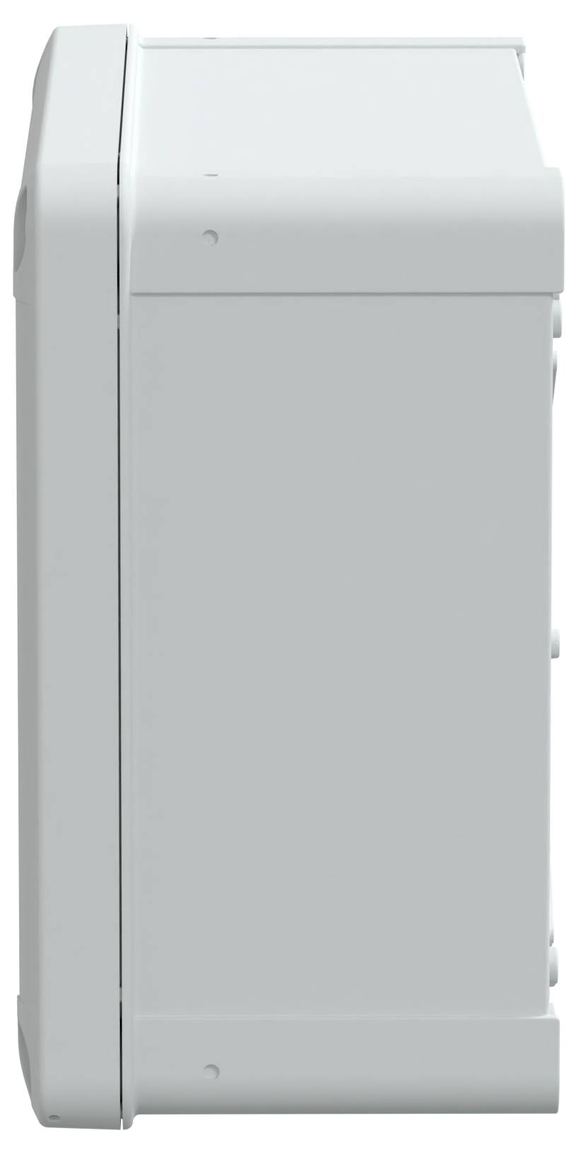A light gray, rectangular metal box with a smooth surface and slightly rounded edges, viewed from the side.