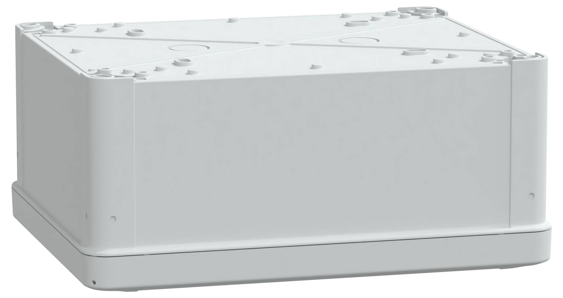 A rectangular white box with small circular details on the top surface, possibly an enclosure or housing for electrical components.