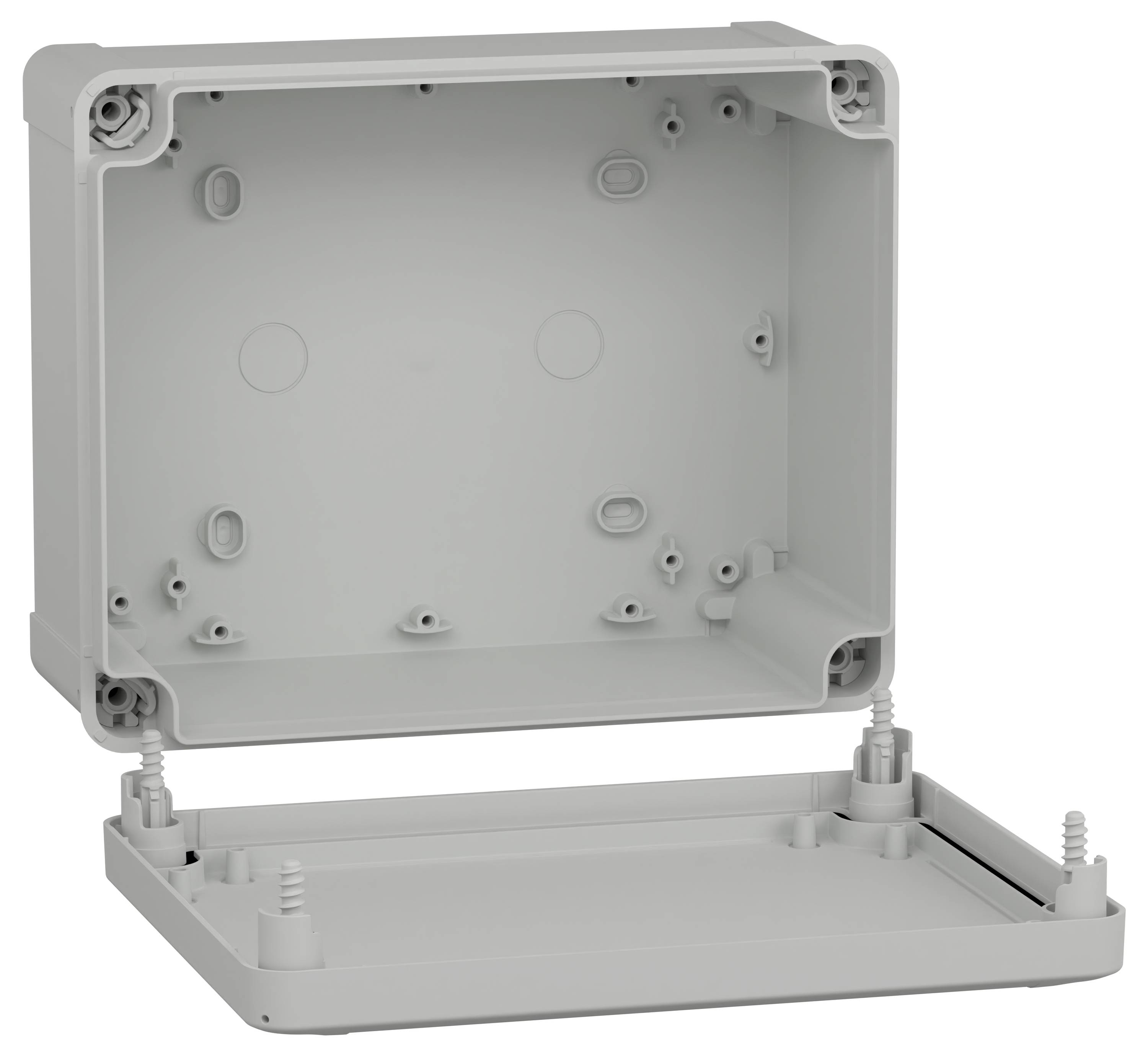 A grey plastic enclosure box with an open lid, showing screw holes and attachment points, used for housing electronic components.