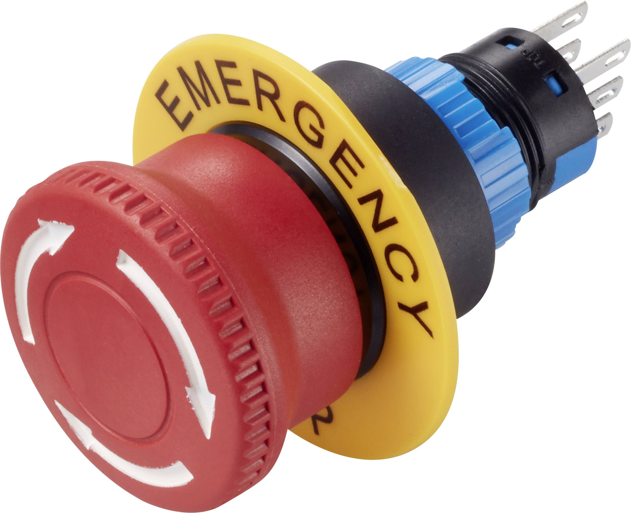 A red emergency stop switch with a yellow ring, labelled 'EMERGENCY', and a blue electrical connection at the back.