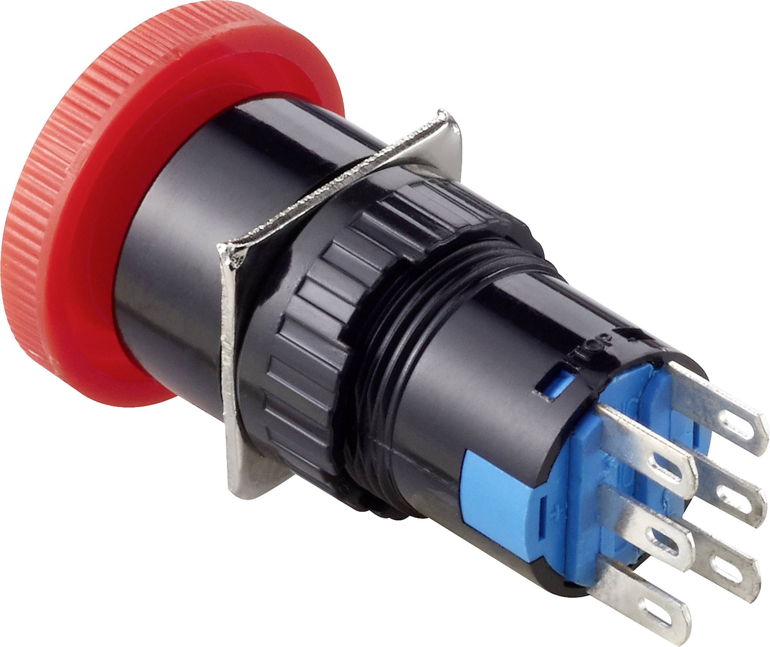 A red circular button with metal connectors on the rear, used for electrical connection or control in technical devices.