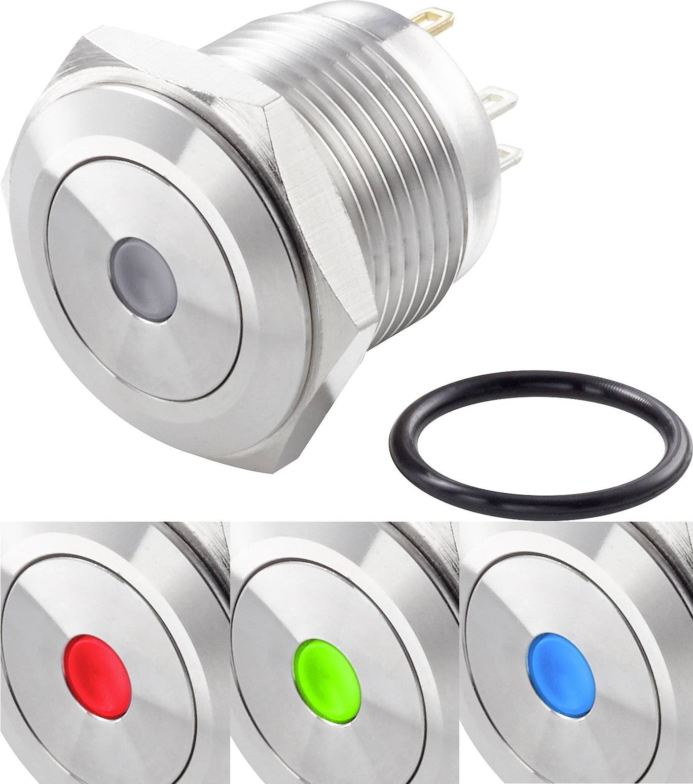 Metal push button with LED, showing colour variants red, green, blue. Contains seal. Suitable for industrial applications.