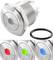 Metal push button with LED, showing colour variants red, green, blue. Contains seal. Suitable for industrial applications.