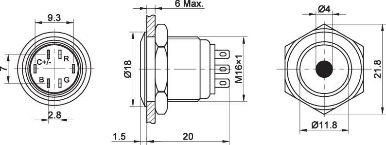 Technical drawing of a hexagonal connector with connection dimensions and internal view. Dimensions and labels are clearly visible.