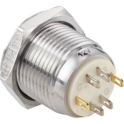 A metal push button with 12V labelling and multiple pins on the rear. Suitable for electronic circuits.
