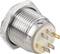 A metal push button with 12V labelling and multiple pins on the rear. Suitable for electronic circuits.