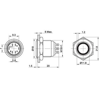 Technical drawing of a circular connector with detailed dimensions in millimetres, shown from the side and from above.