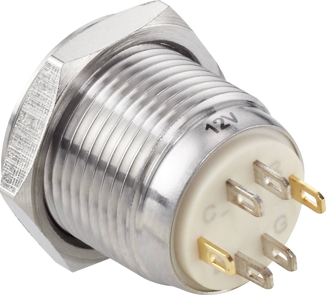 Metal switch with six electrical connections and the marking '12V' on the side, suitable for devices with 12-volt systems.