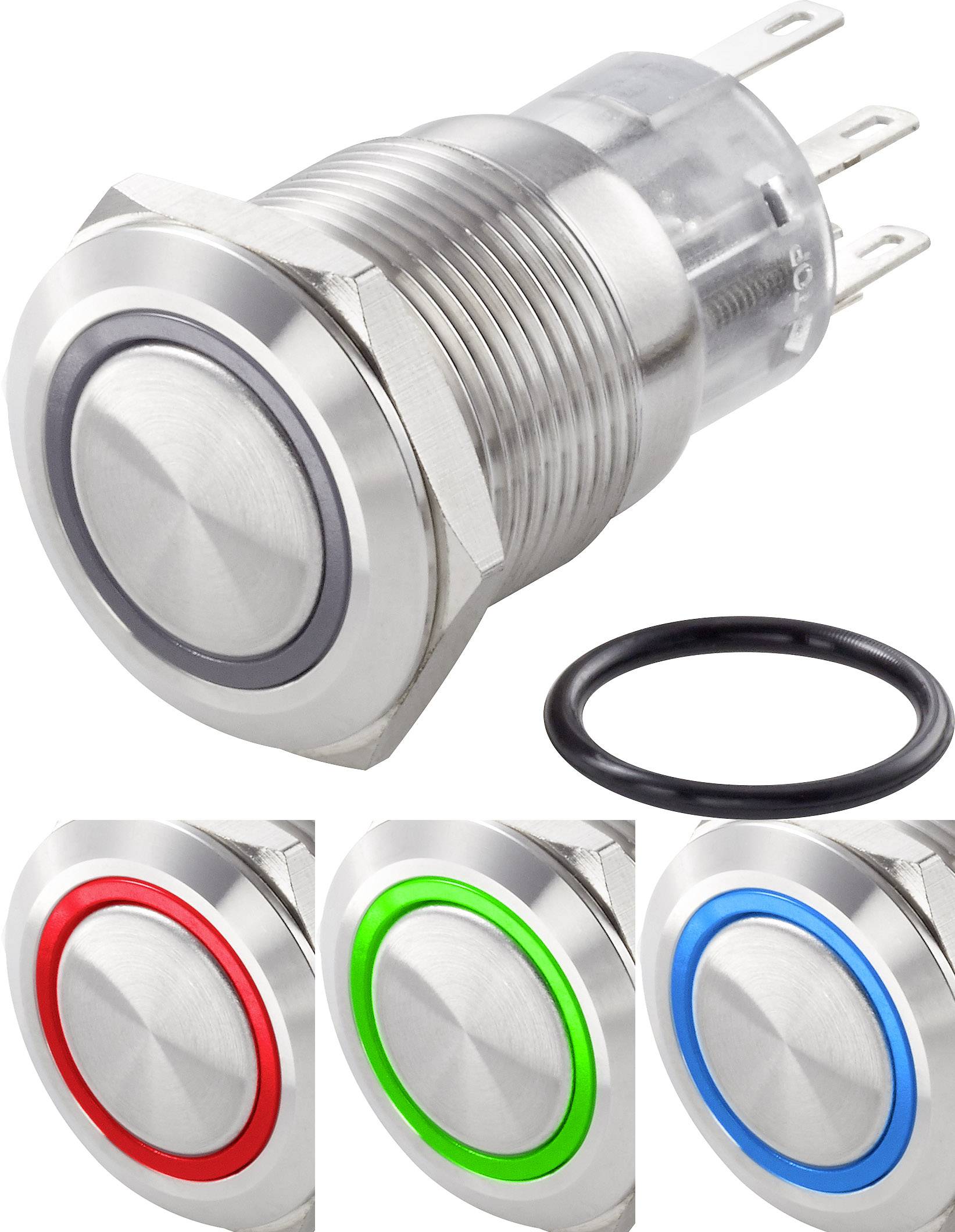 Round, metallic push switch with coloured LED rings in red, green and blue. Suitable for electronic applications.