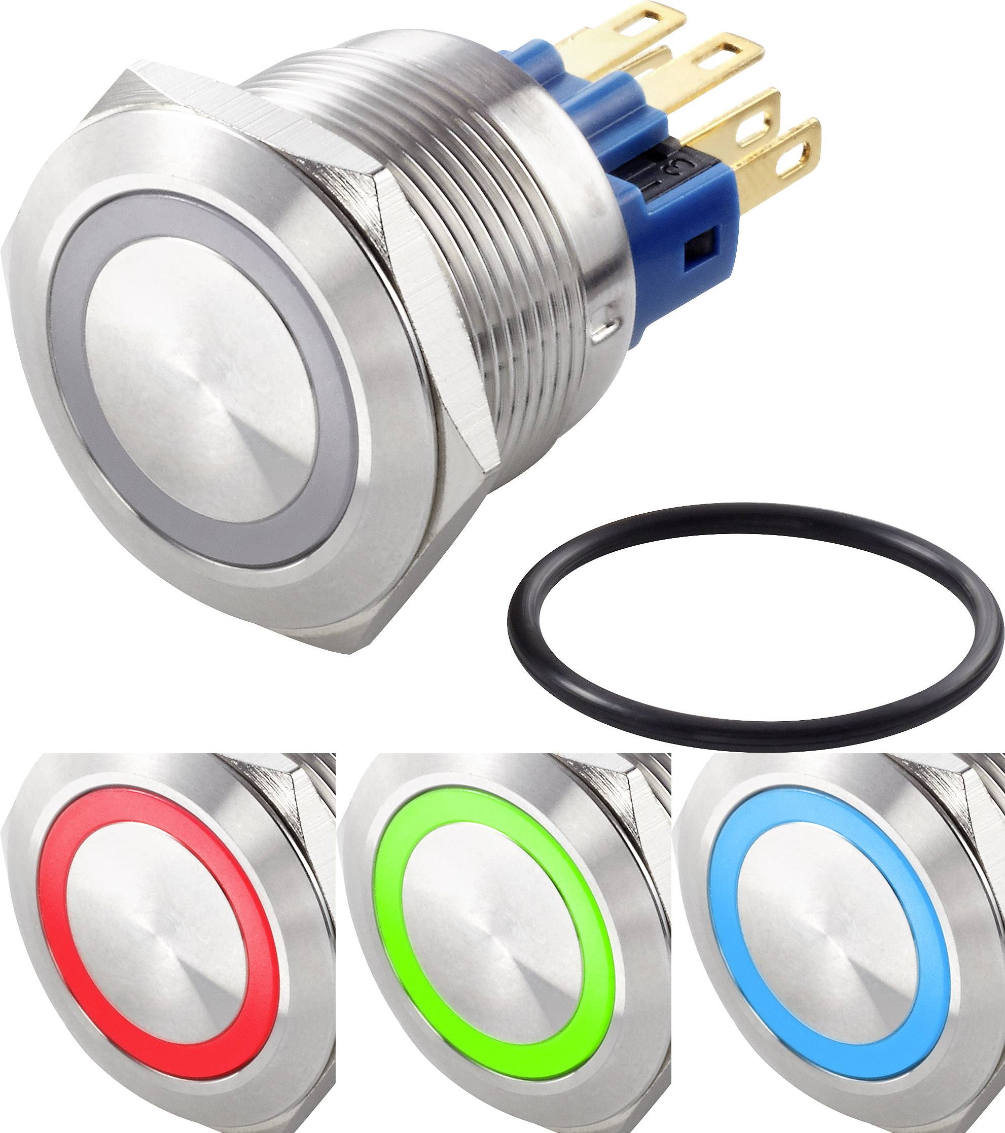 A silver push button with an LED ring, shown in Red, Green and Blue colours. Includes electrical connections and a sealing ring.