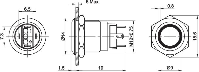 Technical drawing of a connector with detailed dimensions in millimetres, side and front views.