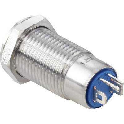 Metal switch with a blue plastic base, viewed from the side. It has a threaded body and three connecting pins.