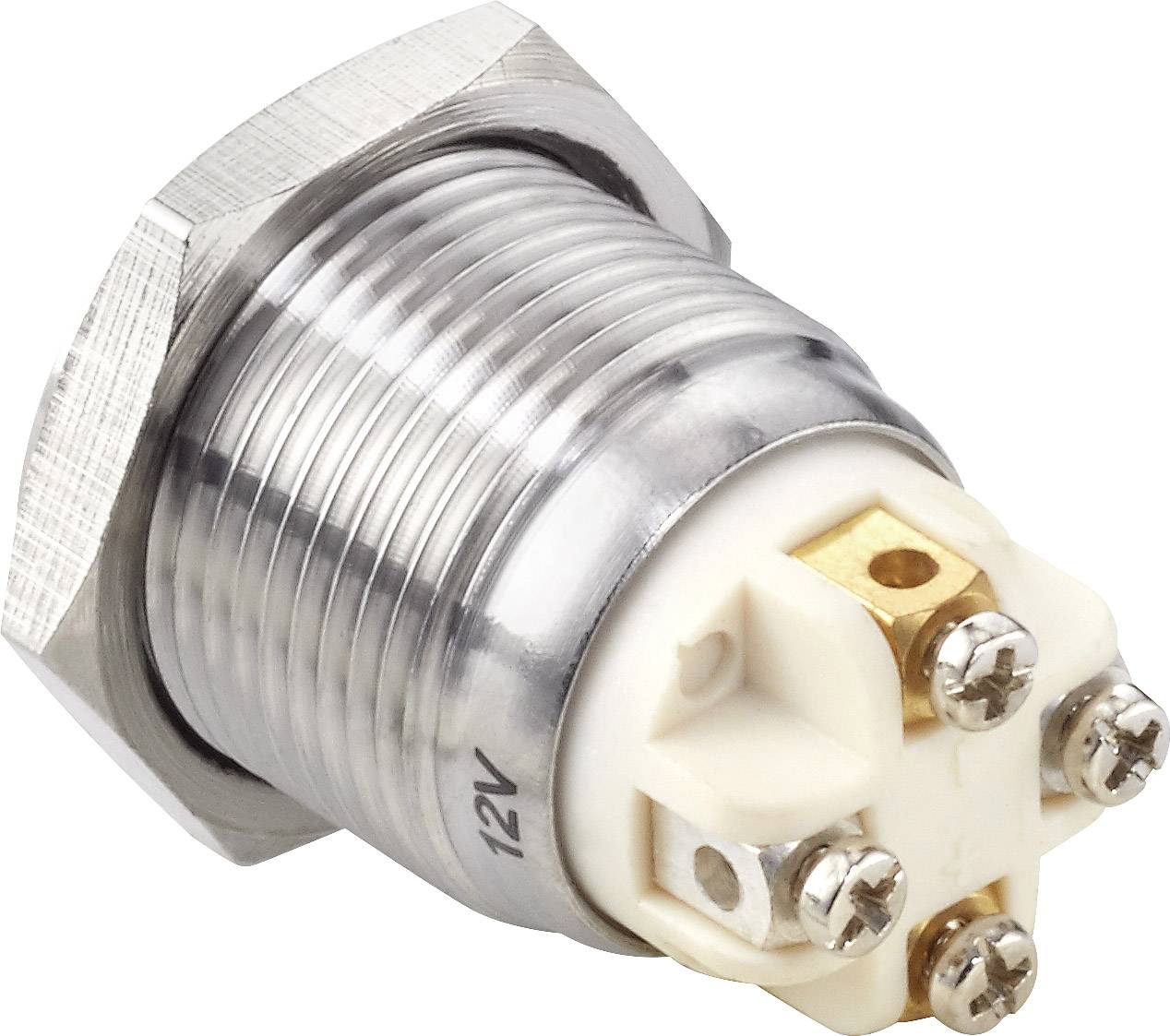 A metallic button with multiple screw terminals and a marking of '12V'.