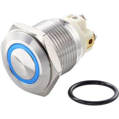 A round, silver metal switch with a blue illumination ring and black seal. Suitable for electronic applications.