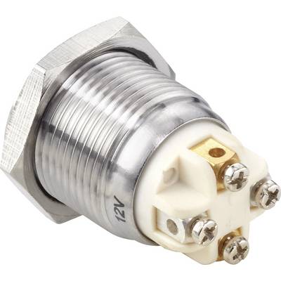 A silver, cylindrical push button with a white plastic housing and four metal terminals, suitable for 12V circuits.