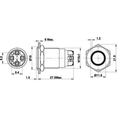 Technical drawing of a circular electrical connector with dimensions in millimetres; side and front views are shown.