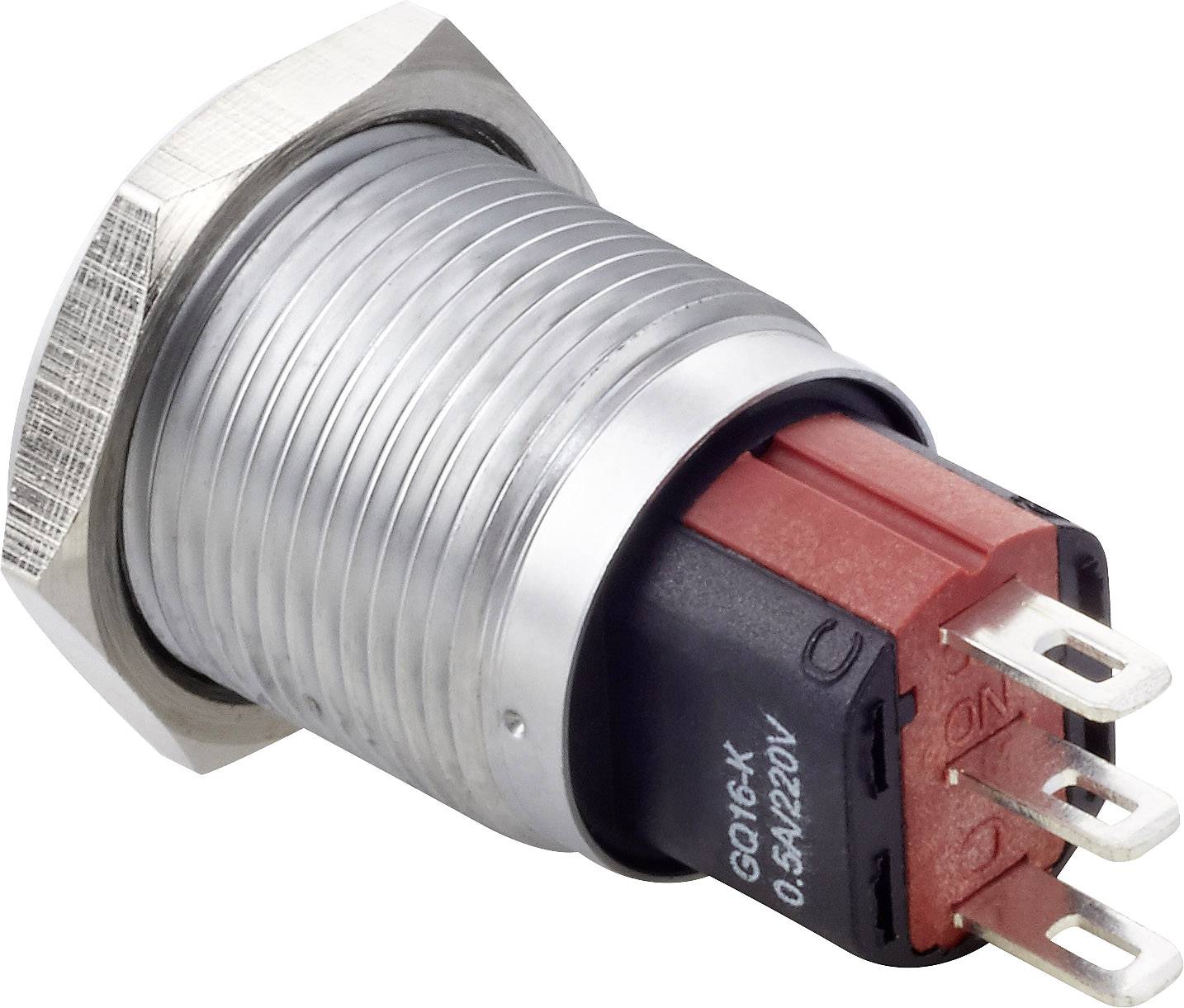 A cylindrical metal button with red and black plastic components and multiple electrical connections.