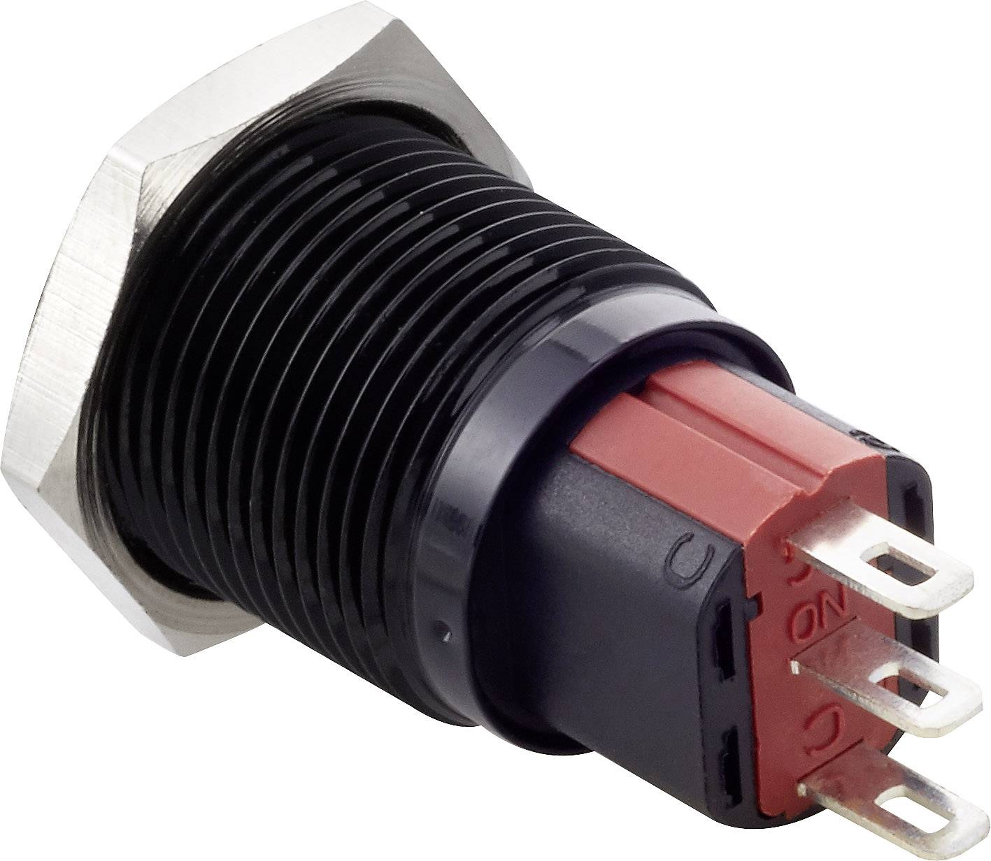 'Black push-button switch with five metal contacts and hexagonal housing frame, viewed from side and rear.'