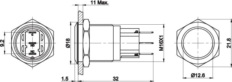 Technical drawing of a cylindrical connector with precise dimensions in millimetres, shown in top view and cross-sectional view.
