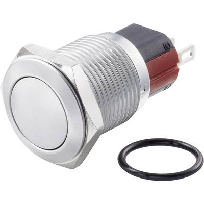 Metal switch with round button and O-ring. Suitable for equipment operation, shows front and side connection.