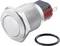 Metal switch with round button and O-ring. Suitable for equipment operation, shows front and side connection.