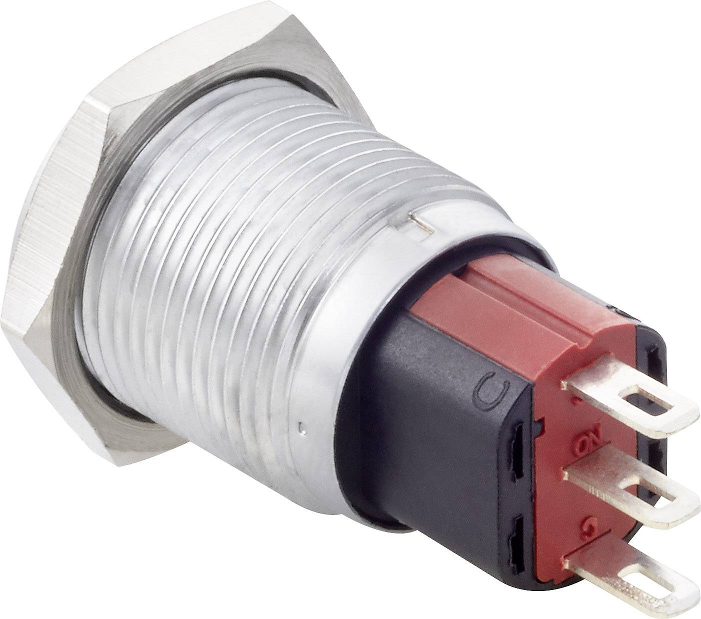 'Metal push button with red casing and multiple connection pins, suitable for industrial applications.'