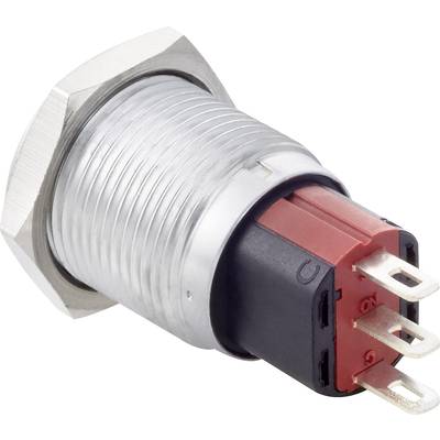 'Metal push button with red casing and multiple connection pins, suitable for industrial applications.'
