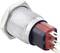 'Metal push button with red casing and multiple connection pins, suitable for industrial applications.'