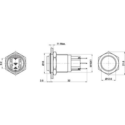 The diagram shows a technical drawing of a hexagonal connector with precise dimensional specifications in millimetres for its structure and connections.