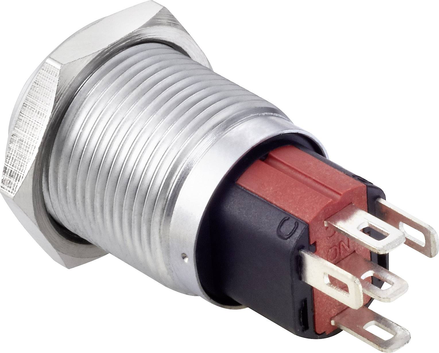 'Built-in push button with red plastic component and metal casing, multiple connection contacts visible.'