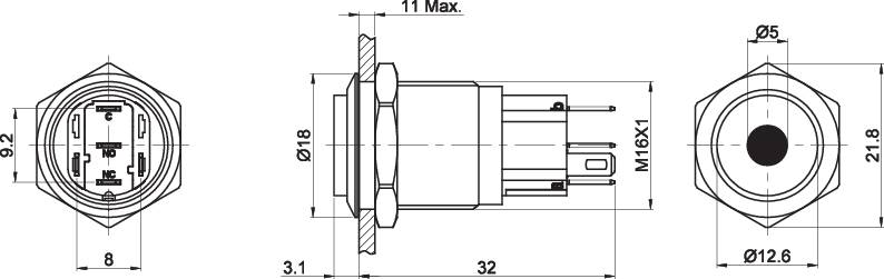 Technical drawing of a six-pole connector with dimensions in millimetres. Front, side, and top view with thread and mounting flange.