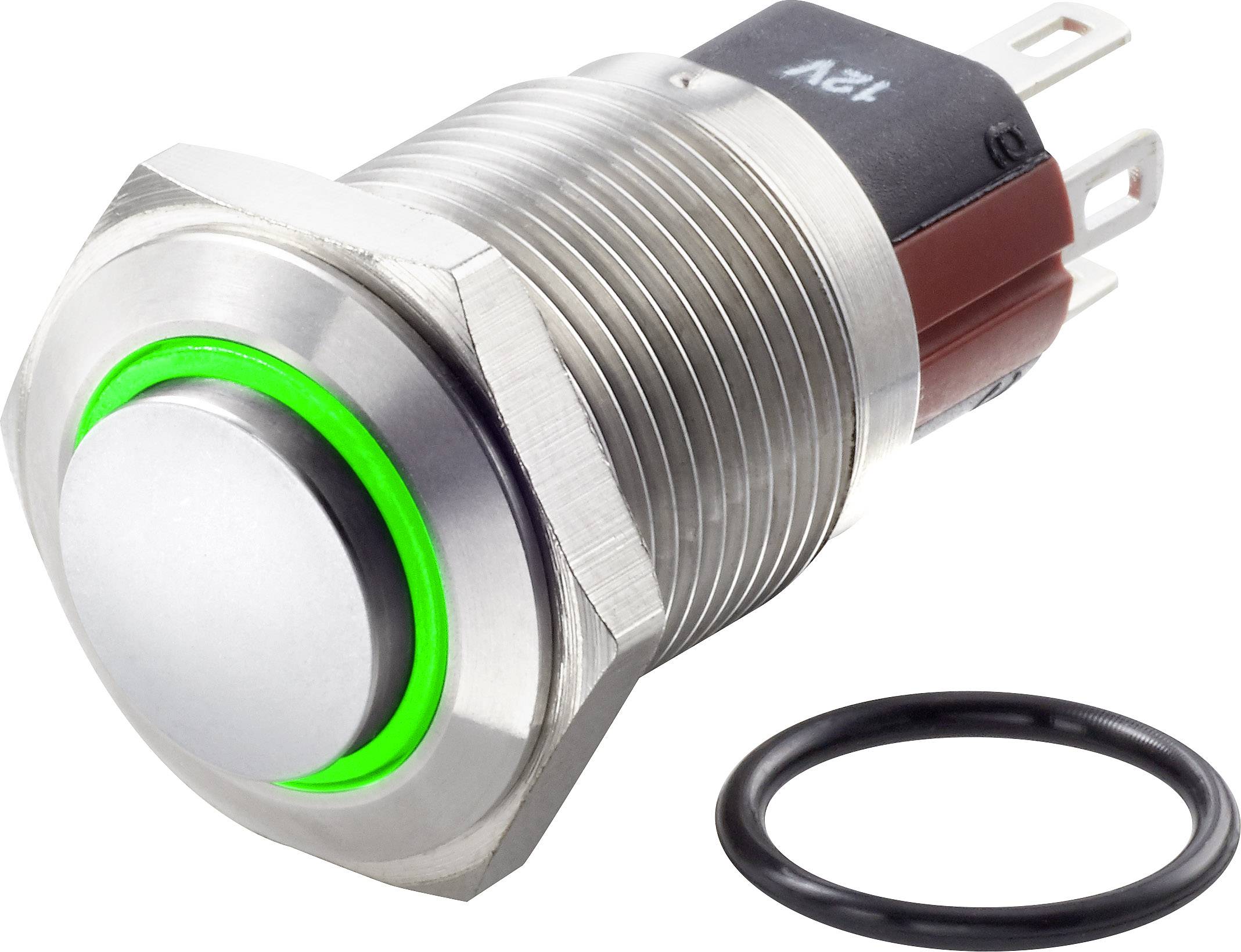Round, metallic push button with green illuminated ring, 12V label on the back, with a black sealing ring beside it.