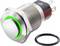 Round, metallic push button with green illuminated ring, 12V label on the back, with a black sealing ring beside it.
