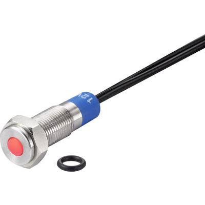 A cylindrical, silver-coloured push switch with a red button and black cable, alongside a small black O-ring.