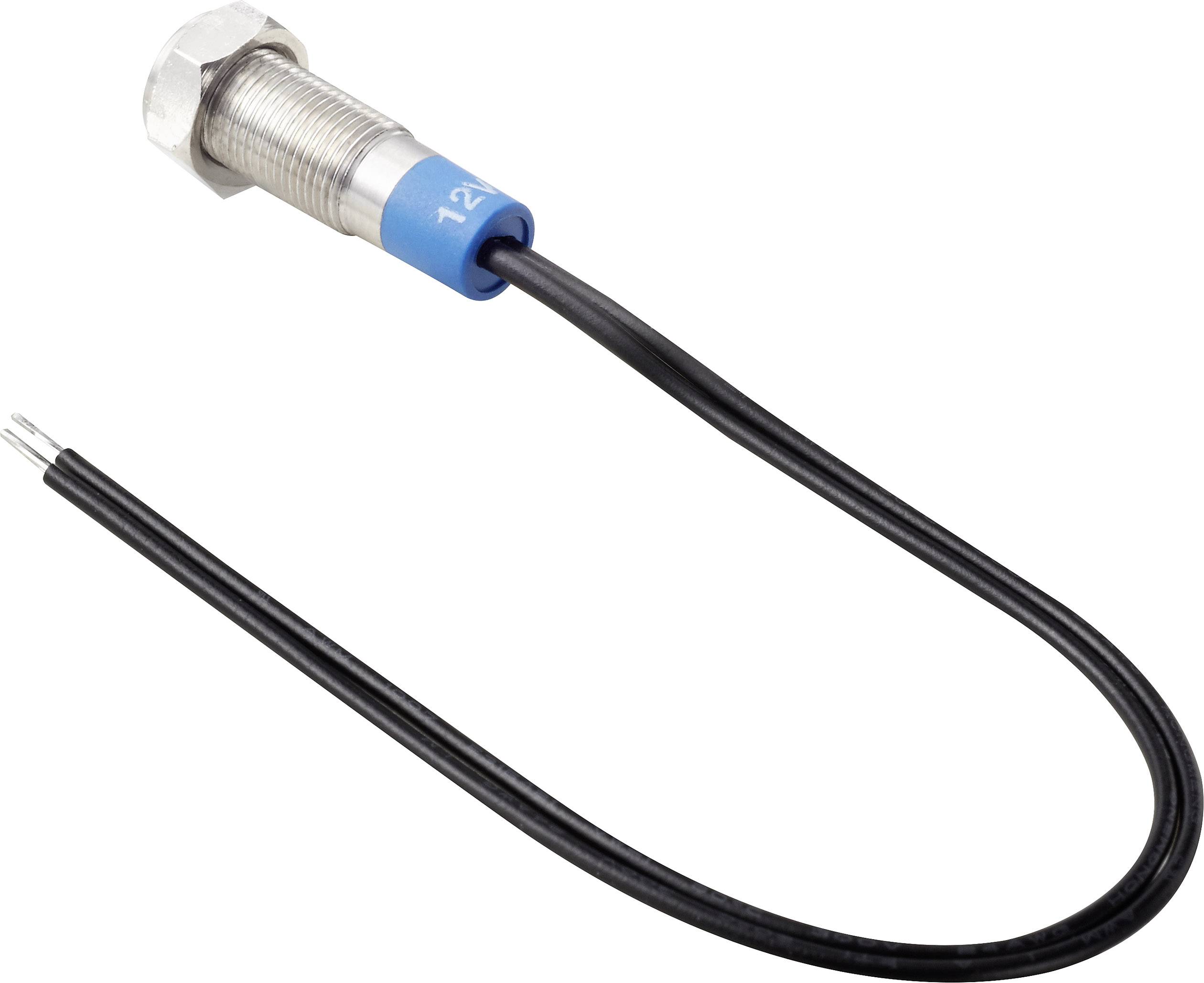 A cylindrical temperature sensor with blue print '12', connected to a black cable, against a white background.