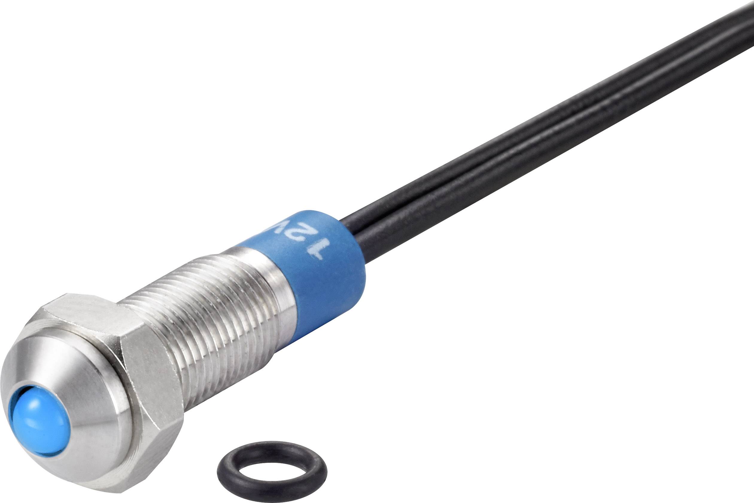 A cylindrical sensor with a blue cap and '12V' labelling is connected to a black cable. Beside it lies a small black O-ring.