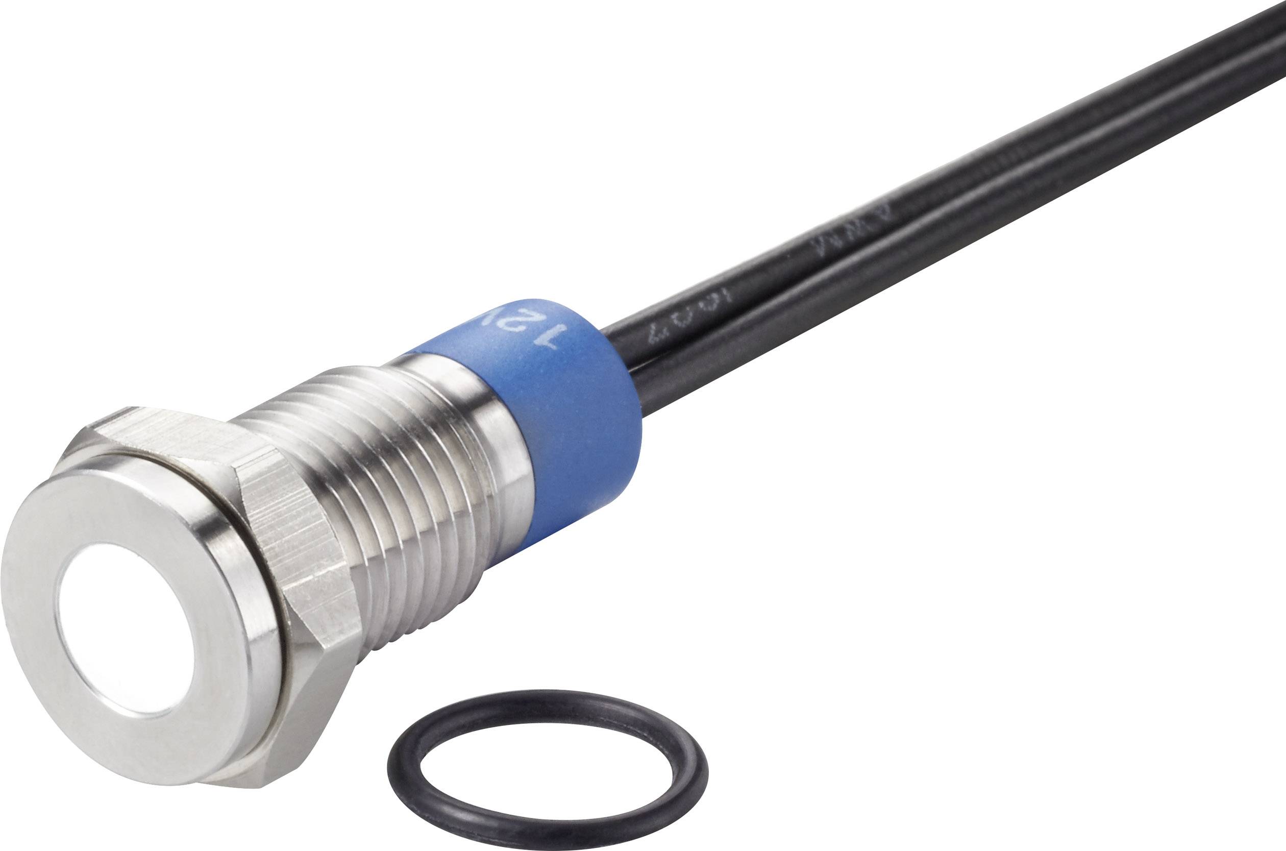 A cylindrical sensor with a metal housing and plastic cable. Beside it lies a black sealing ring. The sensor is designed for object detection.