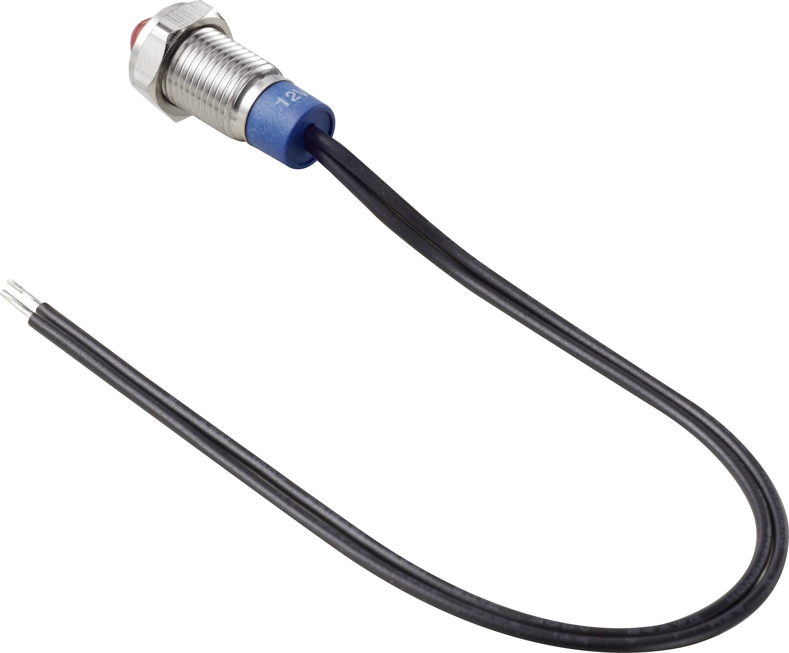 A cylindrical metal induction sensor with a red tip and long black cable, suitable for industrial applications.