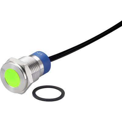 Metallic LED push switch with green illuminated ring and cable, shown with black seal.